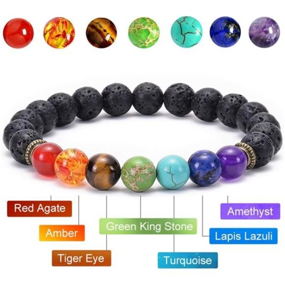6pcs Lava Stone 7 Chakra Bracelets, Elastic Natural Gemstones Oil Diffuser - Picture 2 of 7
